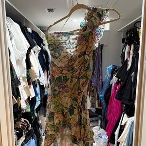 One-Shoulder Floral Ruffle Dress in Cream and Green